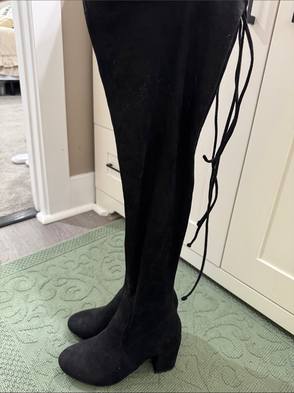 Over-the-Knee Black Suede Block Heel Boots with Back Tie